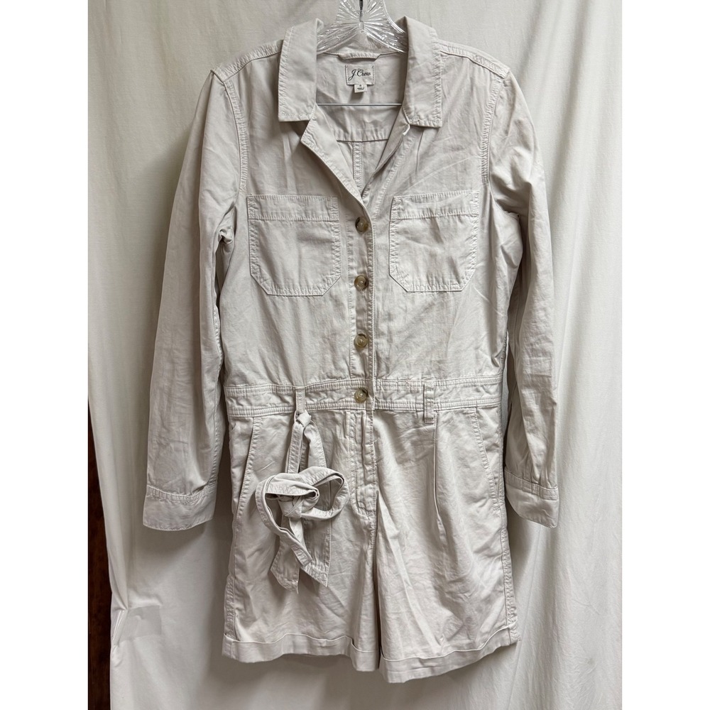 J.Crew Womens Utility Romper Stone Beige Long Sleeve Belted Cotton Twill Size 6